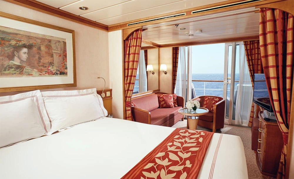 The existing Deluxe Veranda Suite onboard Seven Seas Navigator.