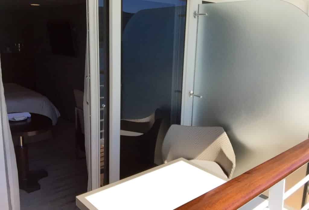 The veranda of an Azamara Quest Club Veranda Stateroom.