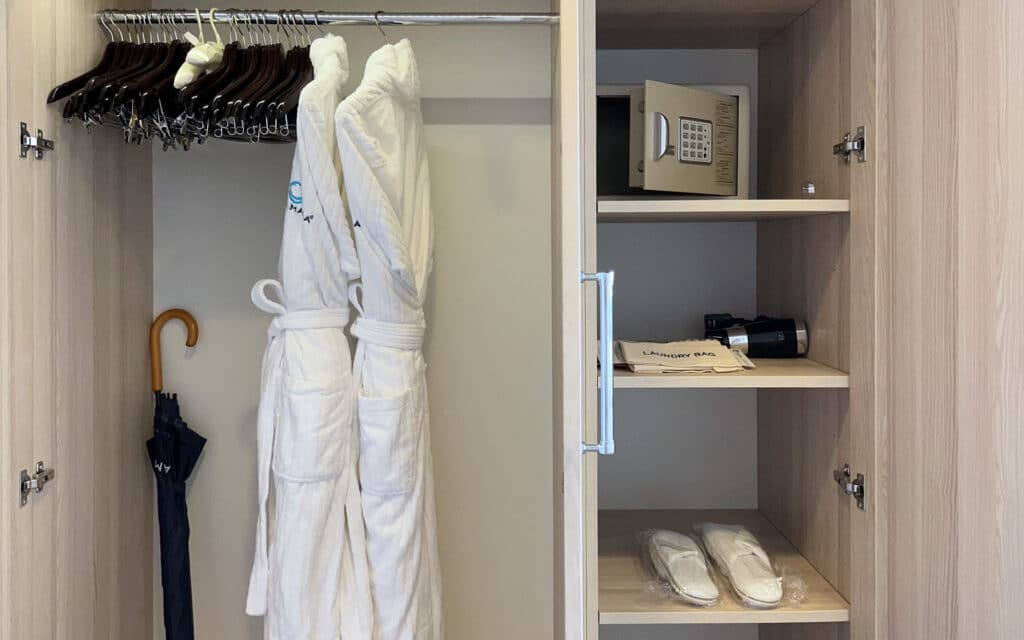 Closet space in an Azamara Quest Continent Suite.