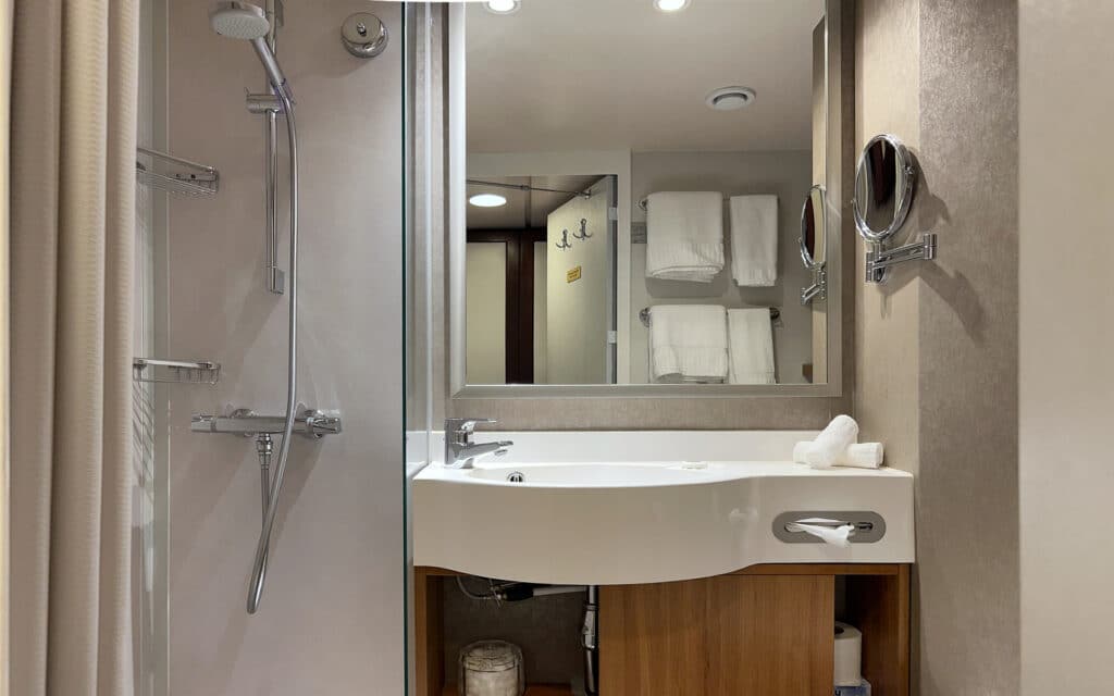 A bathroom in an Azamara Quest Veranda Stateroom