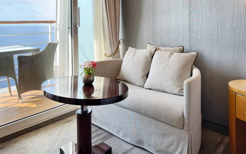 The sitting area in a Veranda Stateroom on Azamara Quest.