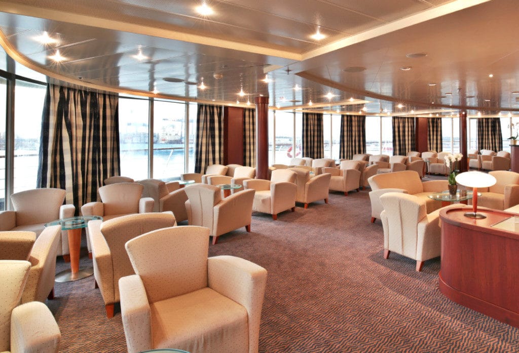 The renewed Observation lounge with rich new wood panelling and wood accents.