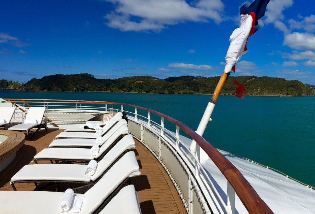 The Ponant L'Austral pool deck offers panoramic ocean views.