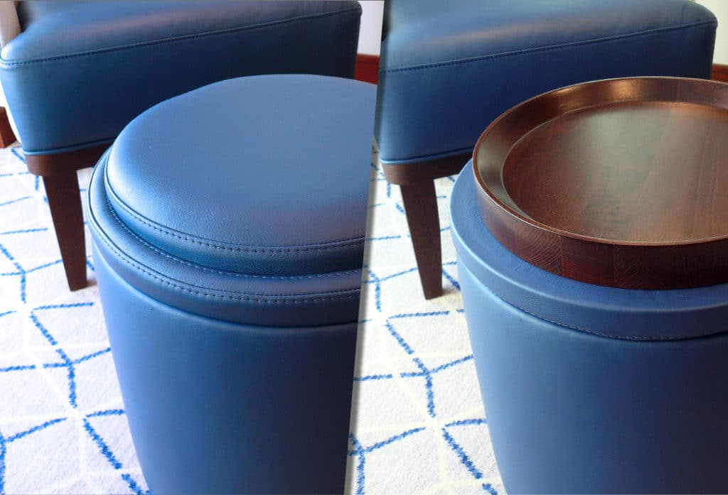 The ottoman converts to a smart coffee table.