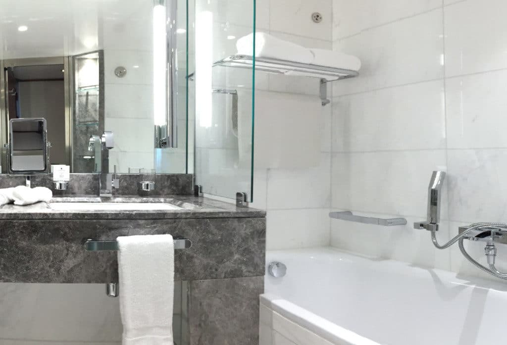 The Adam D. Tihany designed bathroom on Seabourn Encore.