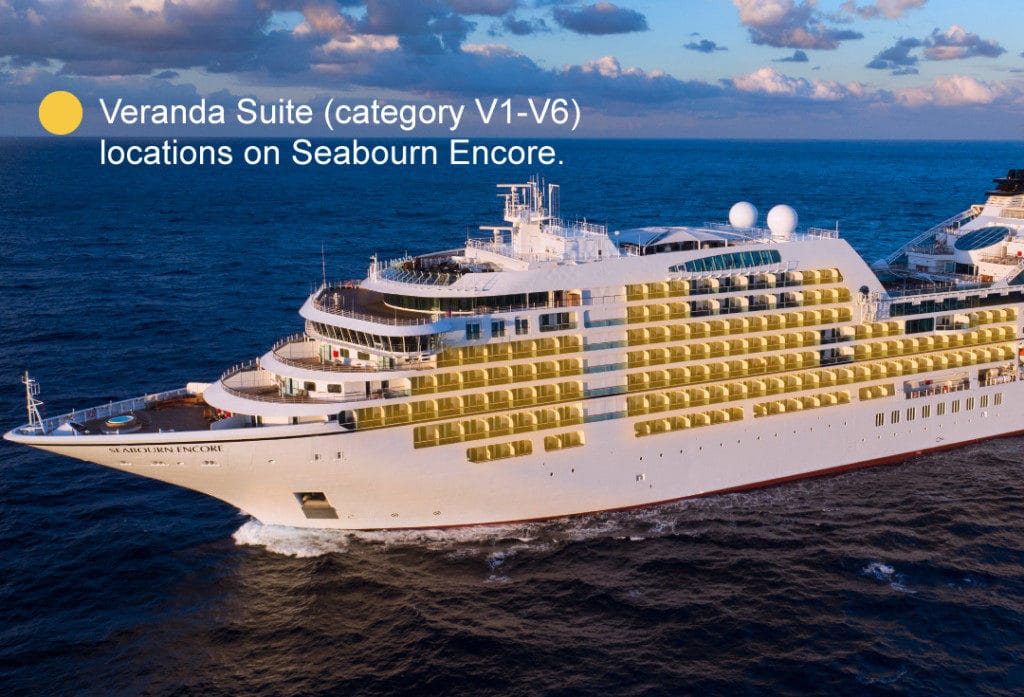 Locations of Veranda Suites (categories V1-V6) on Seabourn Encore.