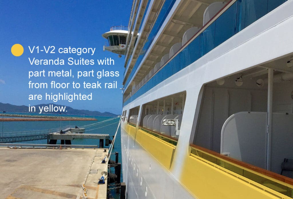 V1 and V2 category Veranda Suites are part metal, part glass from floor to teak rail as highlighted in yellow.