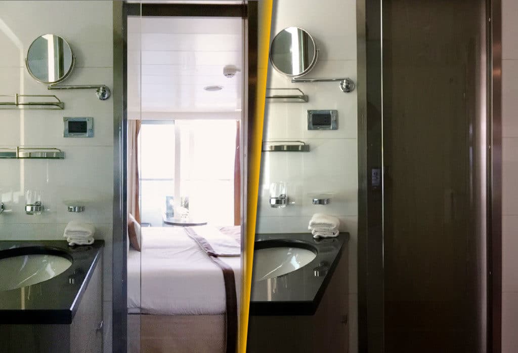 The bathroom features a glass wall. A patrician slides across for privacy.