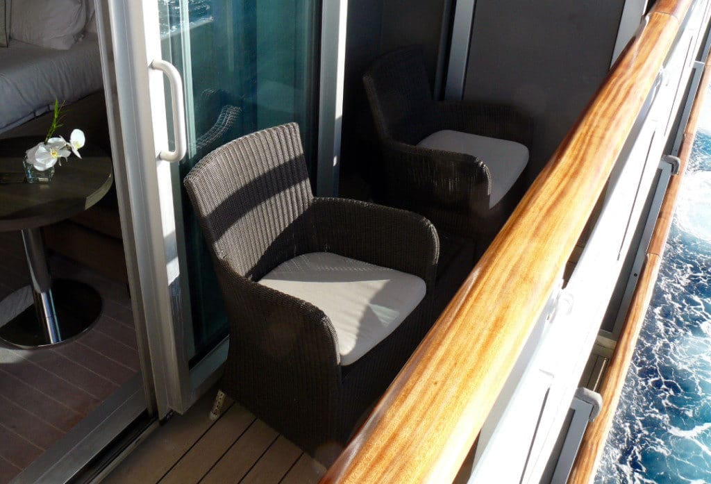 The private teak balcony of the L'Austral Prestige and L'Austral Deluxe room.