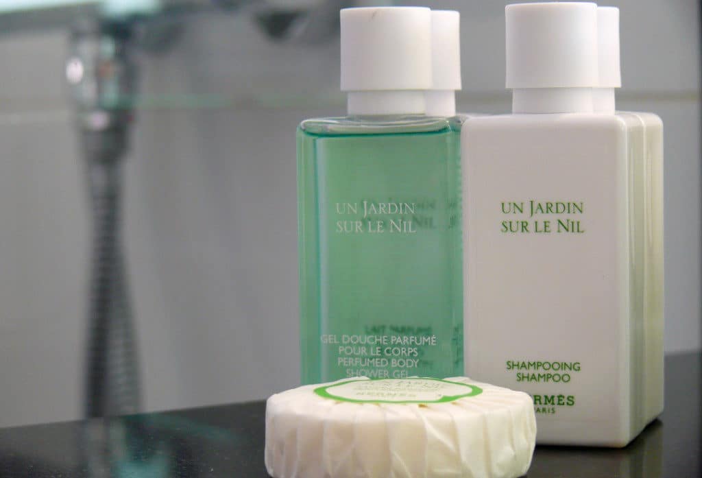 Hermès bath products are replenished throughout the voyage.