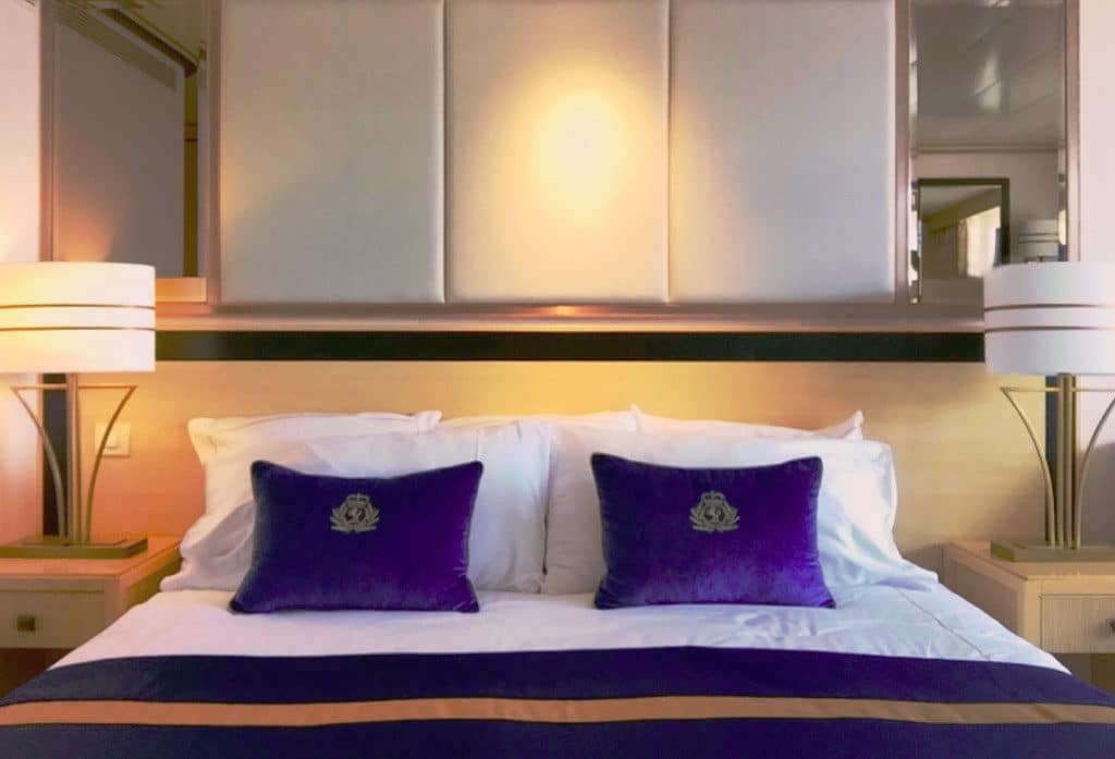 The QM2 Balcony cabin has a very comfortable king-size bed.