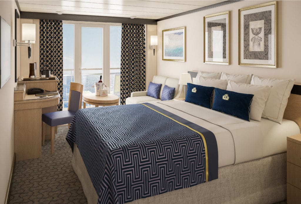 A rendering of the new Britannia Balcony Stateroom on Queen Victoria.