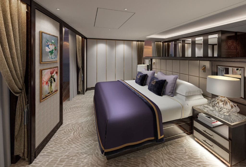 A rendering of the lavish bedroom in the Grand Suite on Queen Victoria.