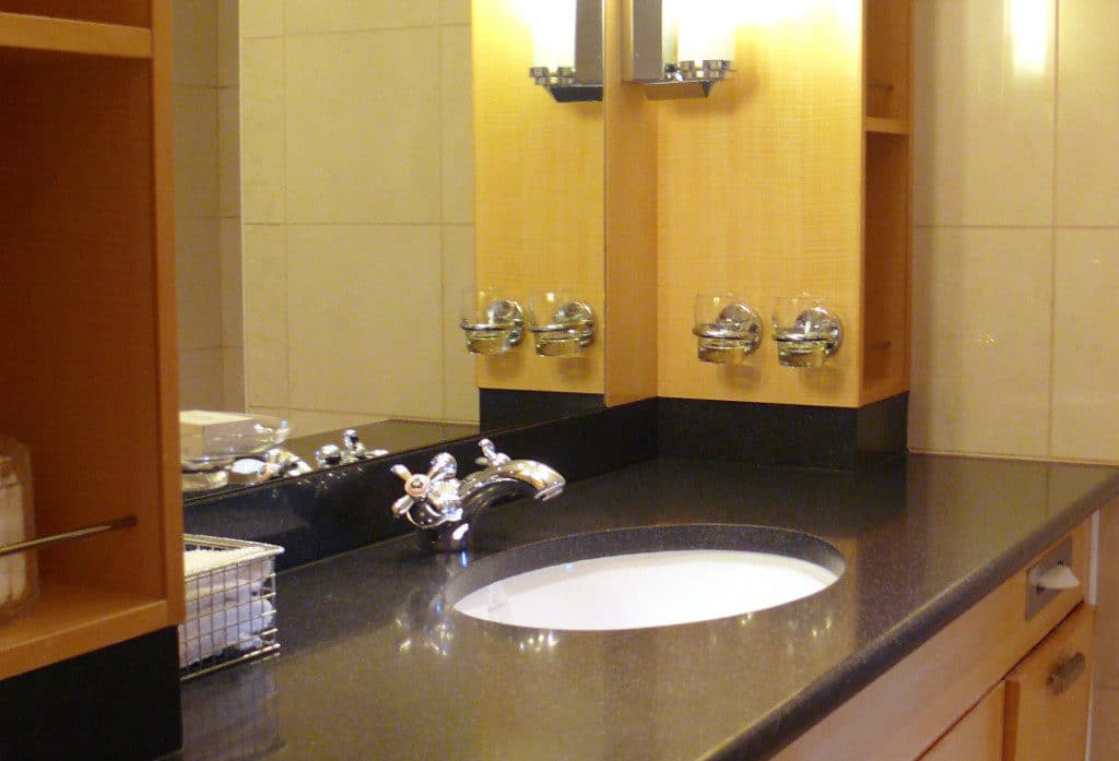 There is plenty of space on the bathroom vanity top.
