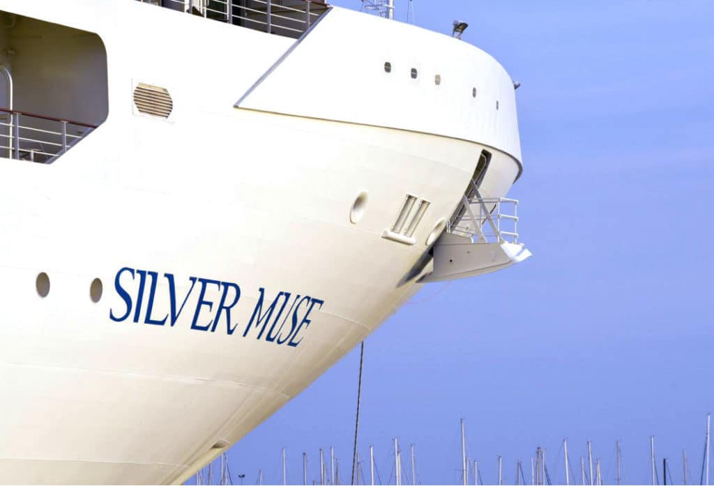 Waiting in the morning sunshine for the Silver Muse christening in Monaco.