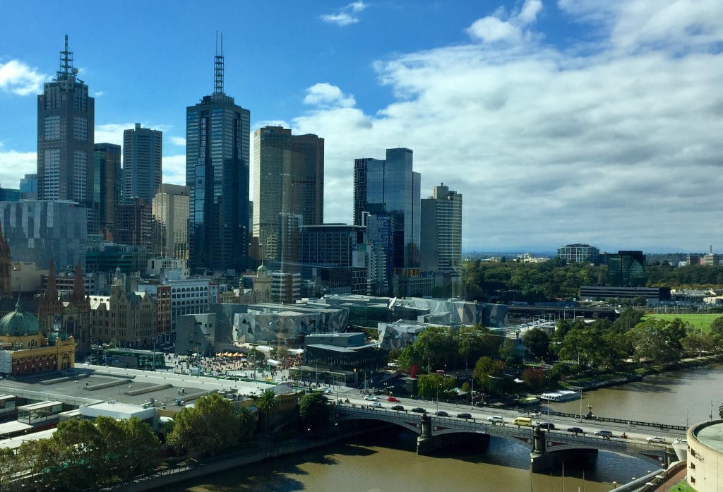 Melbourne is bisected by the Yarra River, with the central business district on the north side.