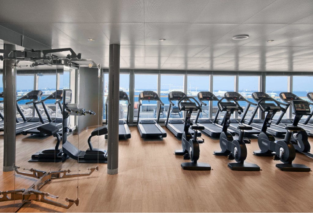 Seabourn Encore wellness programs continue in the gym.