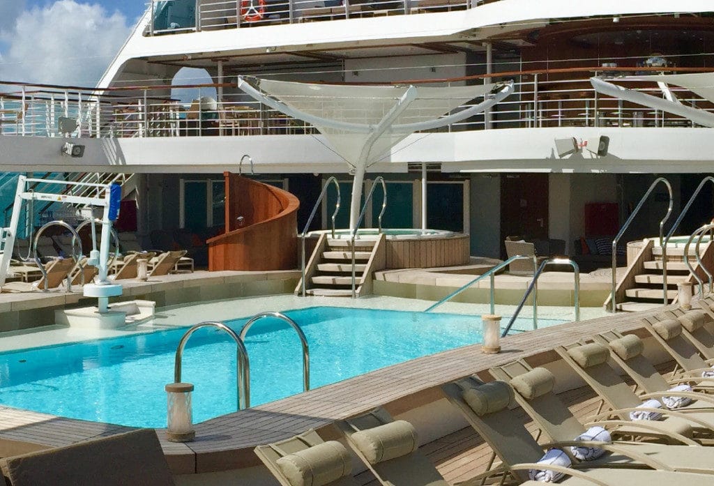 The sparkling water of the main Seabourn Encore pool.