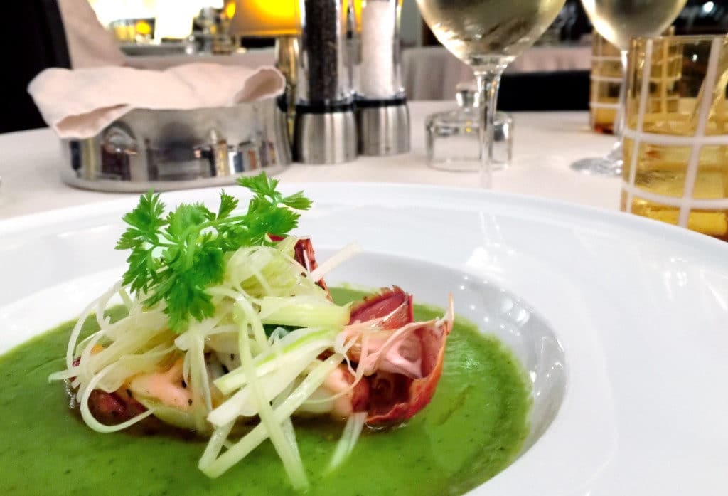 Lobster Tail with Truffled Leeks in a Green Pea Jus as served in Le Dame.