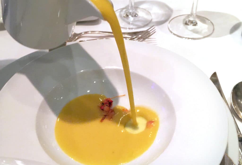 Corn and Lemongrass Soup with Lobster Salad.