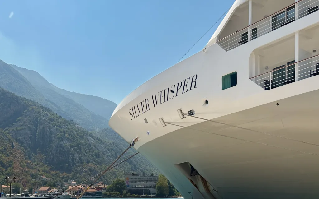 The Silver Whisper cruise ship moored in Kotor, Montenegro.