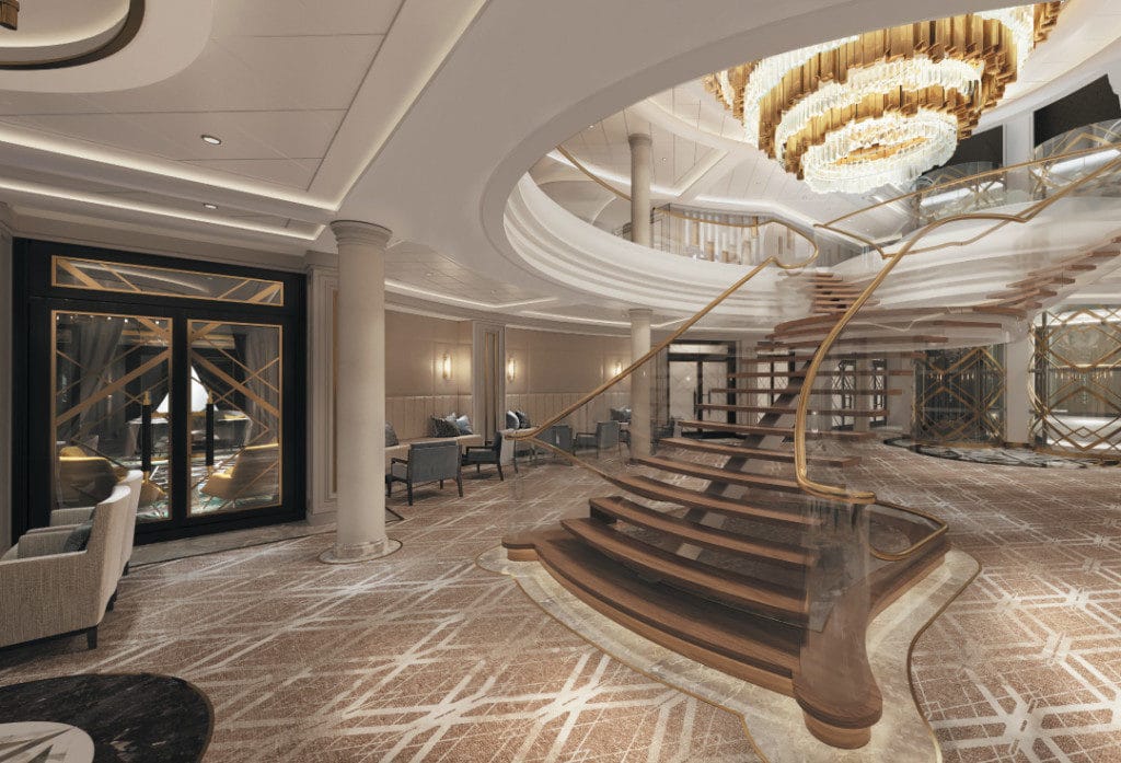 The opulent atrium onboard Seven Seas Splendor.