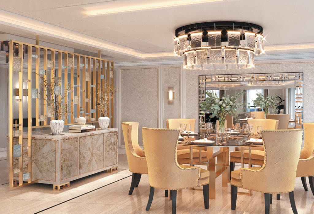 The opulent dining area of the Regent Suite onboard Seven Seas Splendor.