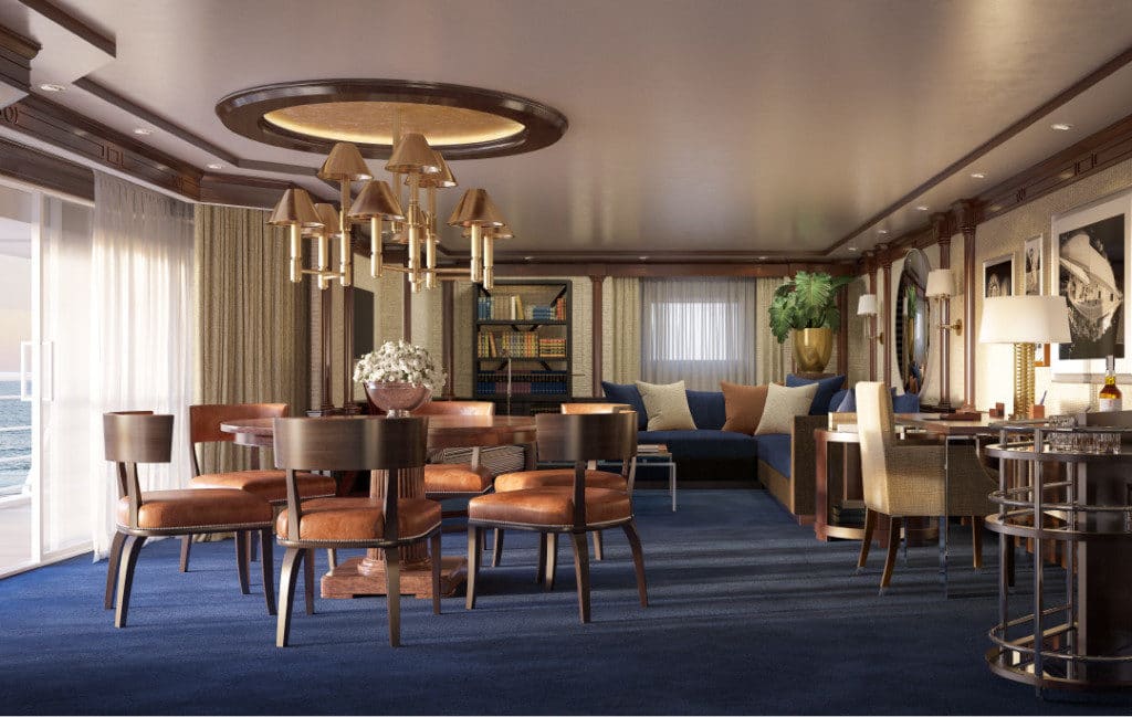 The elegant living room with new saddle-suede sectional sofa and mahogany Lounge Moderne chair.