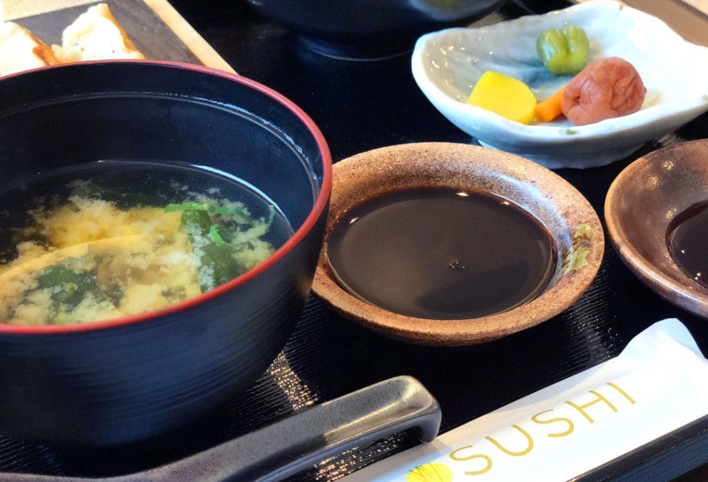 Bento boxes are served at lunch time in Sushi restaurant.