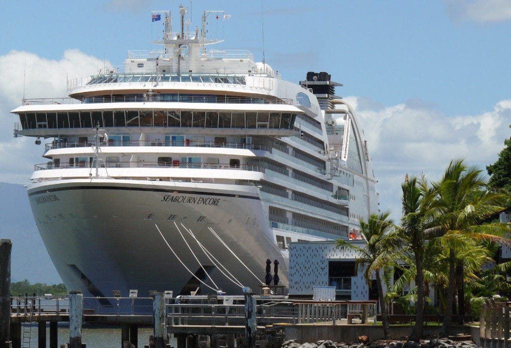 The beautiful Seabourn Encore alongside in the Great Barrier Reef town of Cairns, Australia.