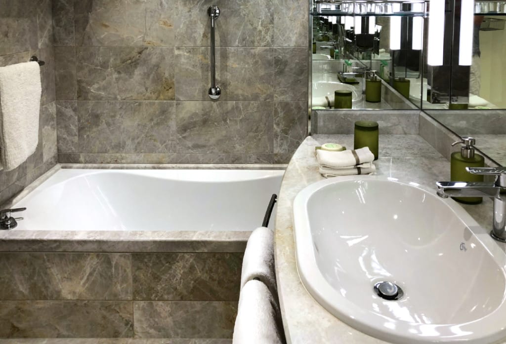 The marble bathroom in the Silver Muse Veranda Suite.