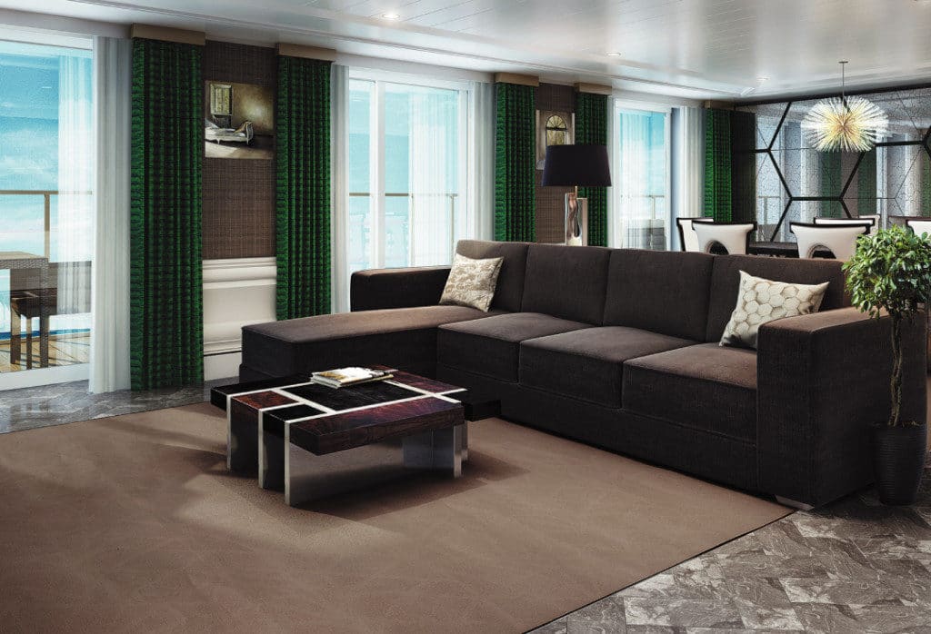 Designer furnishings fill the Grand Suite on Seven Seas Splendor.