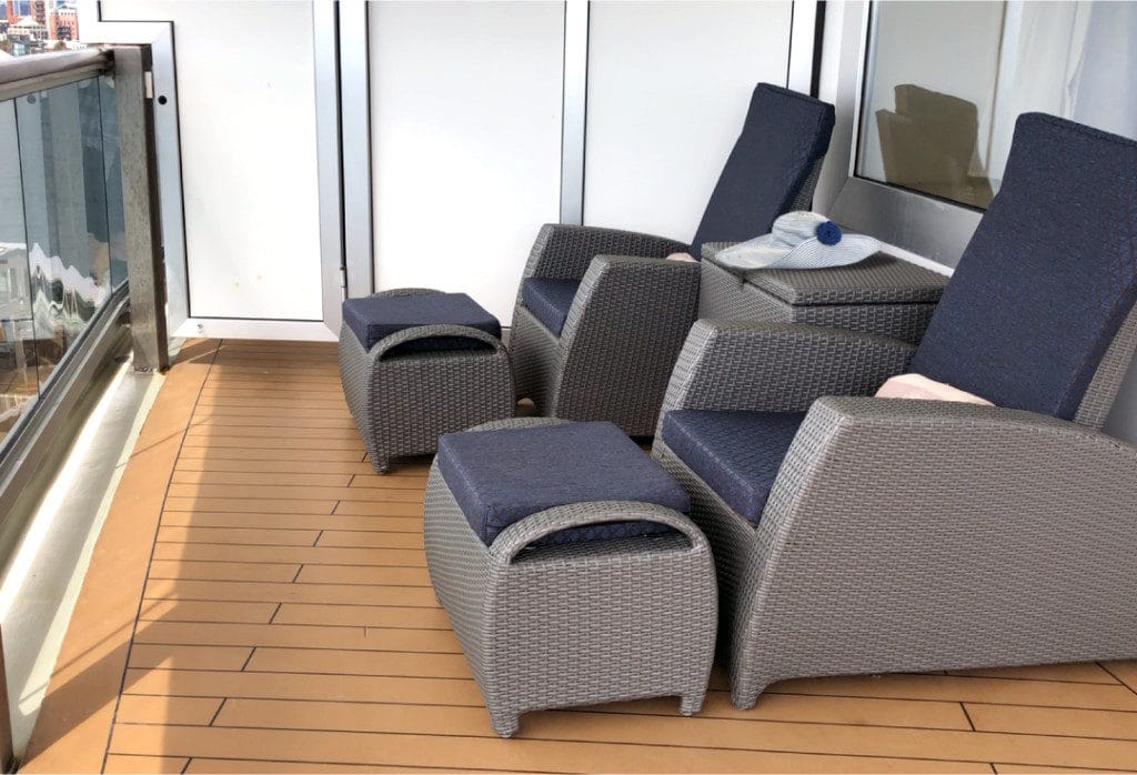 The Queen Elizabeth Queen's Suite balcony has plenty of room for the stylish outdoor furniture.