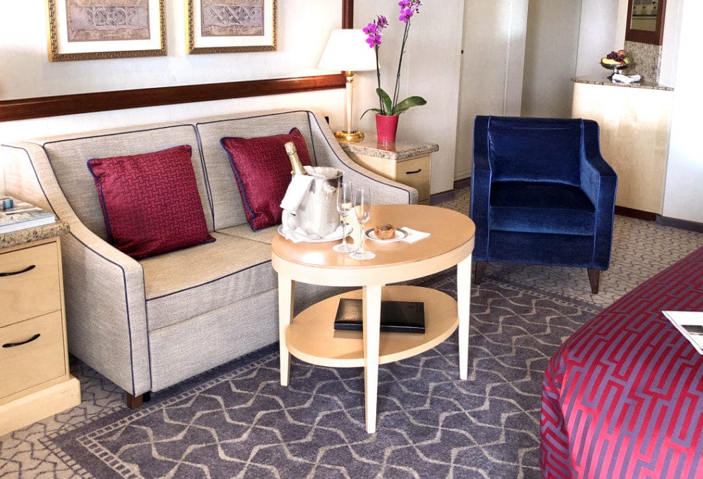 The rather hard and uncomfortable sofa in the Queen's Suite is less than luxurious.