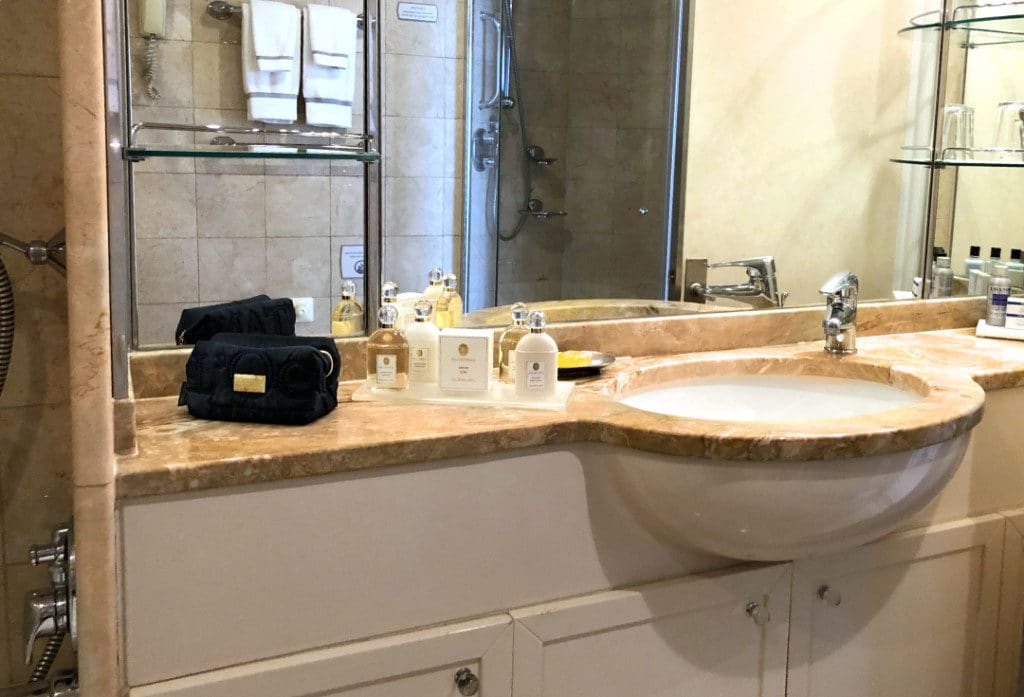 The marble bathroom in the Penthouse Suite is spacious.