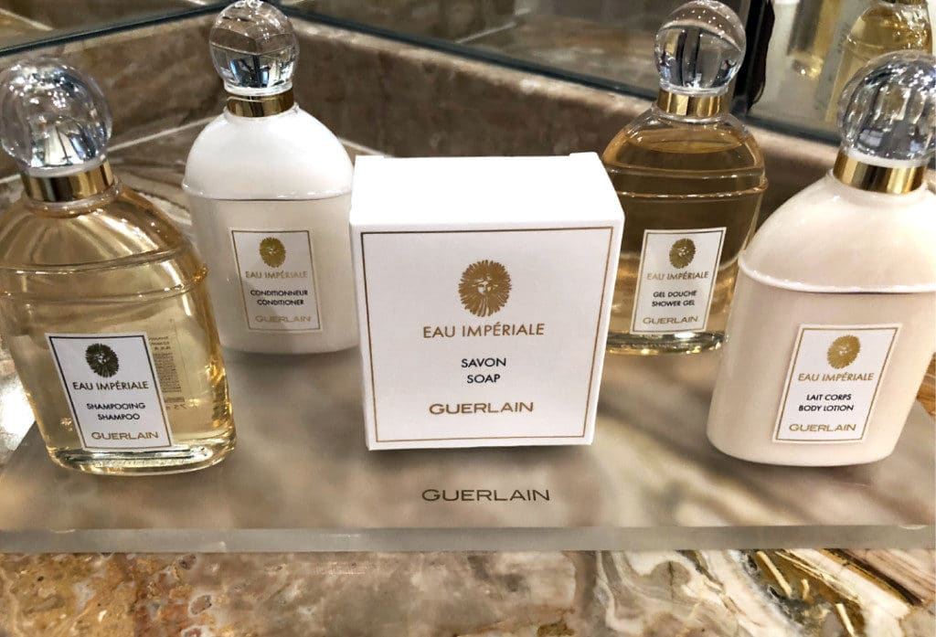 The bathroom in the Penthouse Suite has luxury spa products.