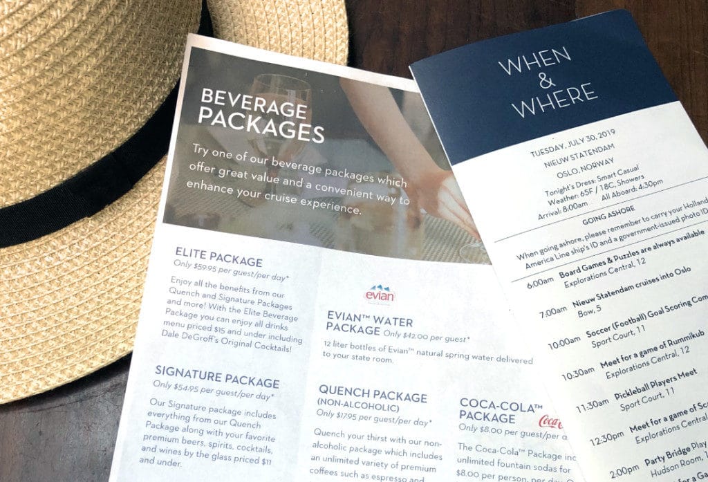 The libation packages available on my Nieuw Statendam review voyage.