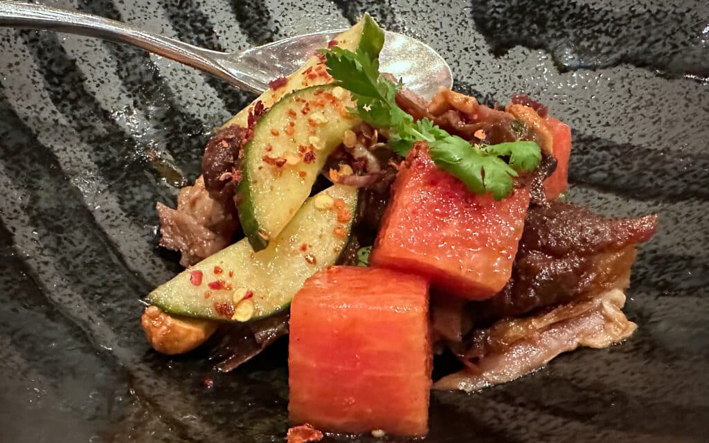 Spicy Duck & Watermelon Salad as served in Red Ginger on the Riviera cruise ship.