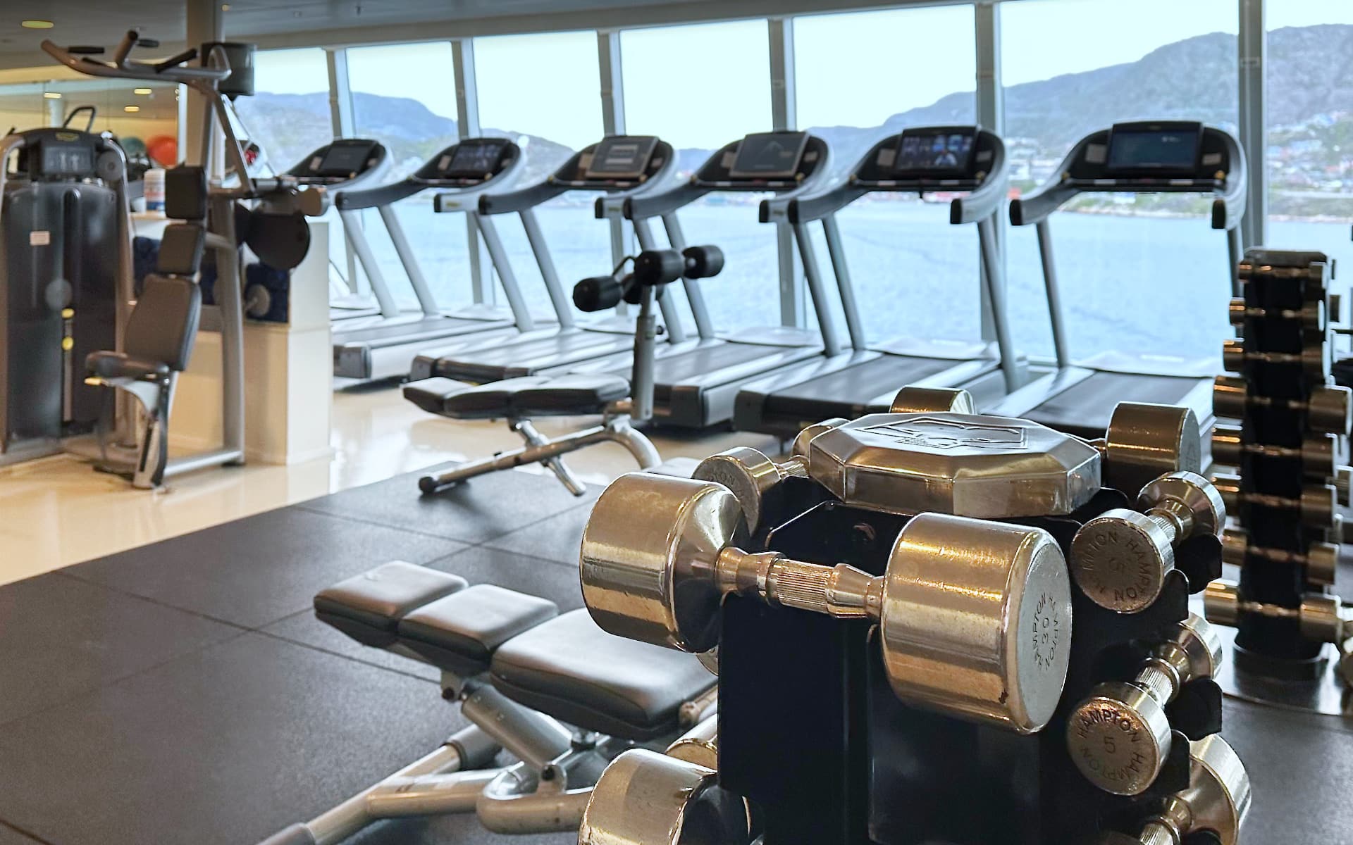 The gym onboard Oceania's Riviera cruise ship.