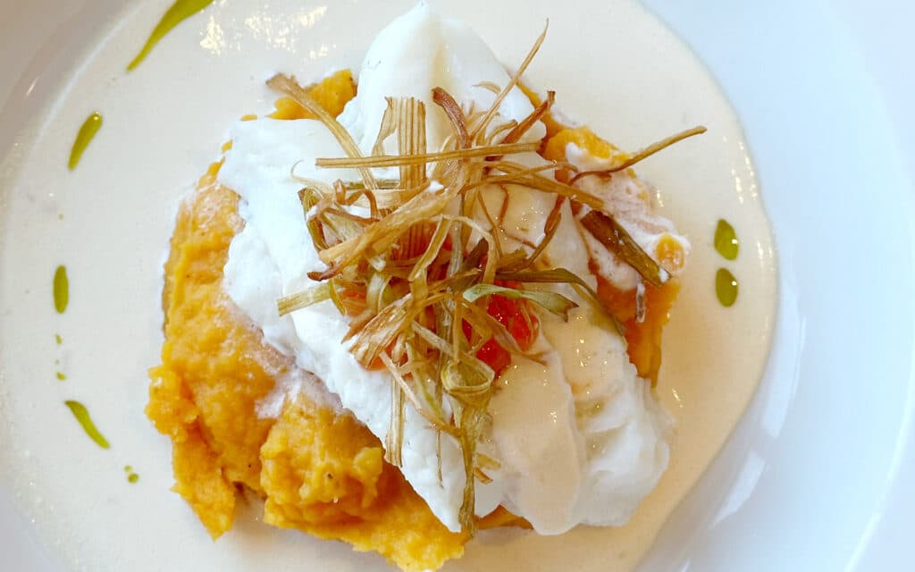 Steamed Cod with Sweet Mashed Potato, Spring Onion, Leek Oil &Champagne Sauce.