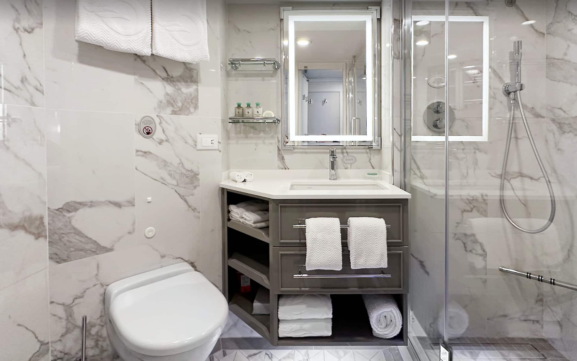 The bathroom in an Oceania Riviera Veranda Stateroom.