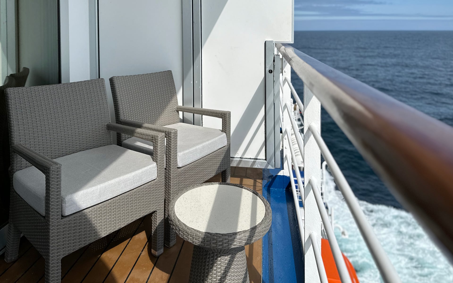 The balcony of a Veranda Stateroom on Oceania's Riviera.