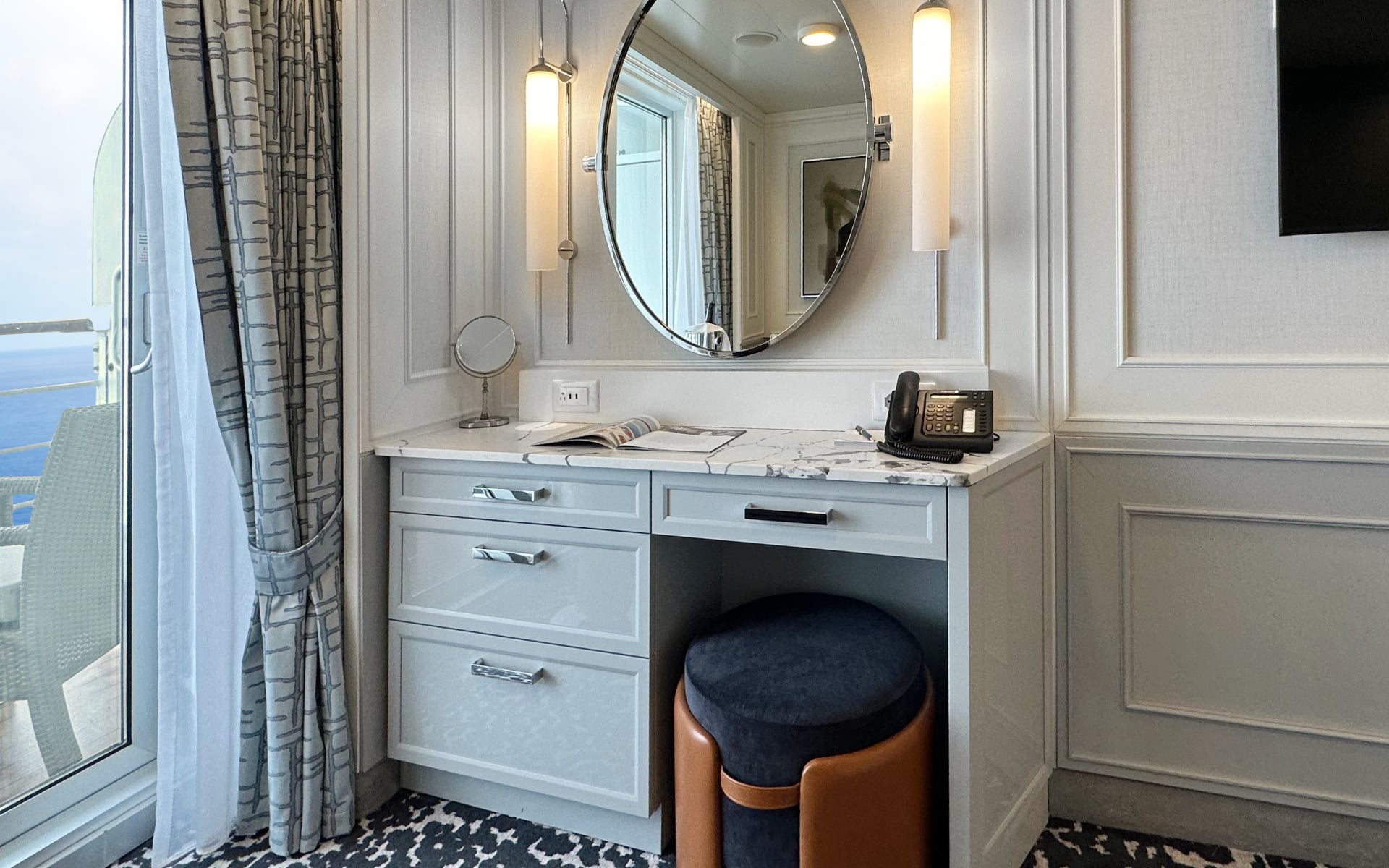 The writing desk in a Veranda Stateroom.