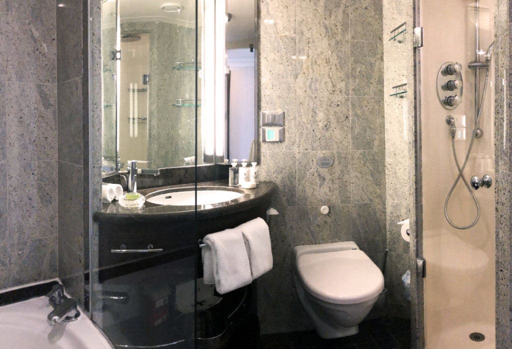 The bathroom in an Oceania Riviera Veranda Stateroom.