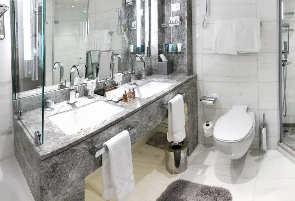 The bathroom in a Seabourn Ovation Veranda Suite.