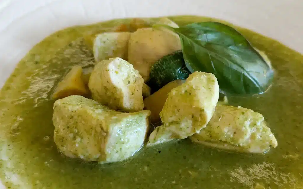 Thai Green Chicken Curry with Fresh Green Basil, Cilantro, Coconut Milk, Lemongrass, Lime Juice, and Potato.