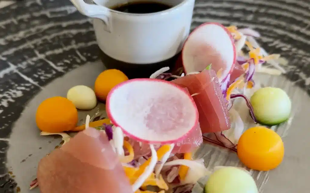 Tuna Nikkei with Soy Sauce, Rice Wine Vinegar, and Radishes.