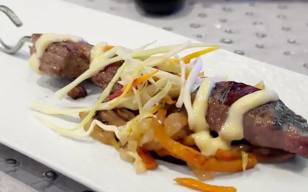 Marinated Wagyu Beef Skewers with Japanese Mustard Sauce.