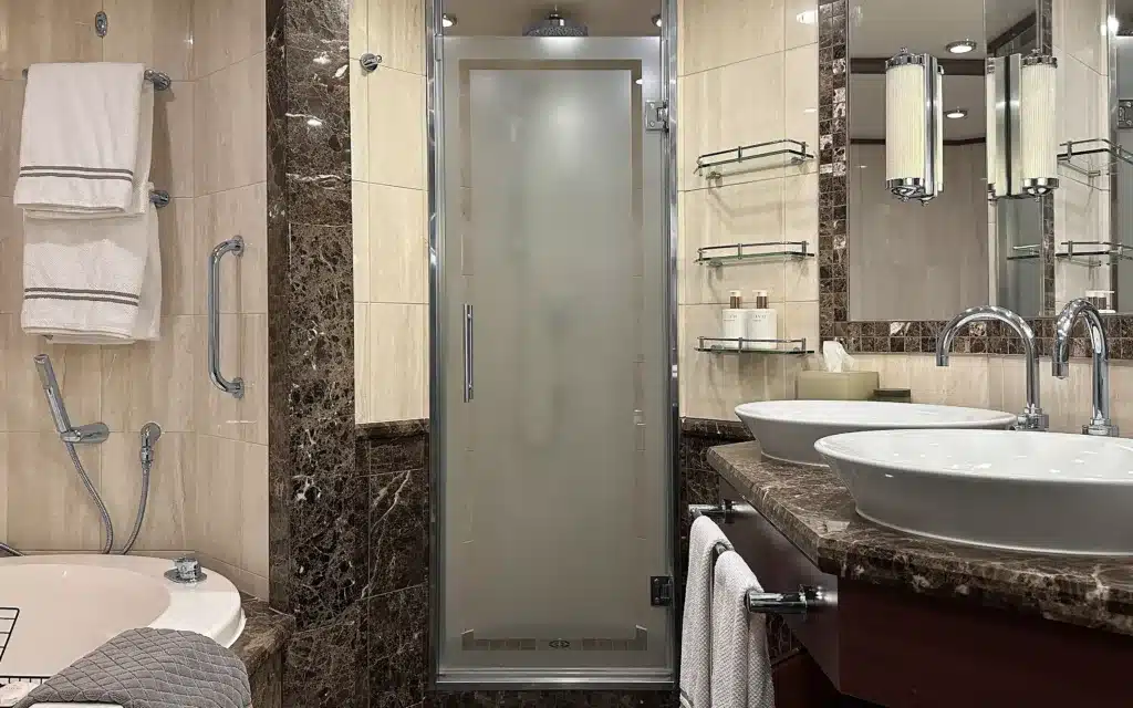 The bathroom in a Silver Suite on board Silver Spirit.