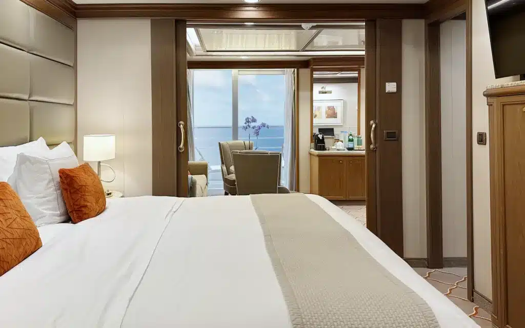 A view across the bedroom in a Silver Suite on Silver Spirit.